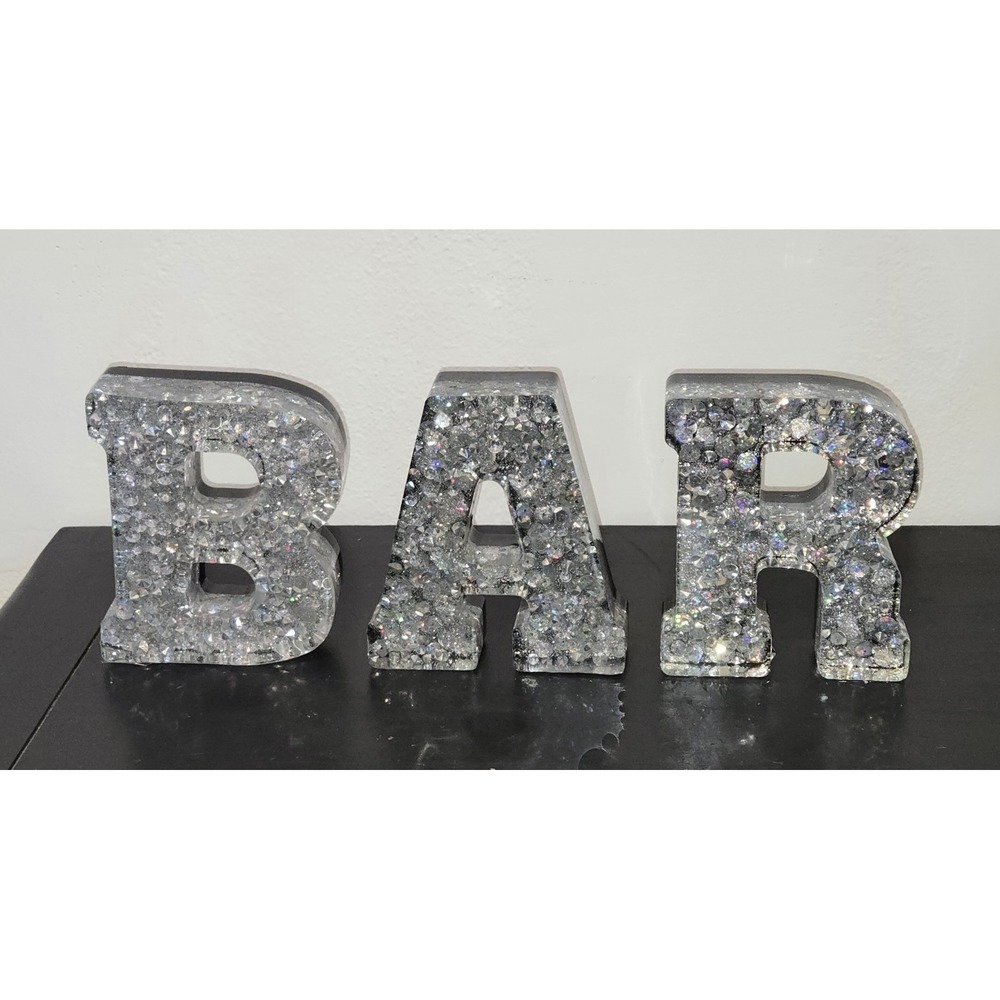 Bling BAR Resin Letter Set Silver Rhinestone Glitter Black Home Decor 6 Inch